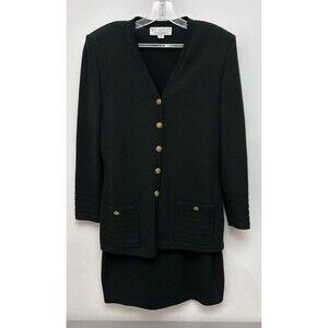 Vtng St John Collection Marie Gray Black 3 Piece Suit‎ Blazer Skirt Blouse Small
